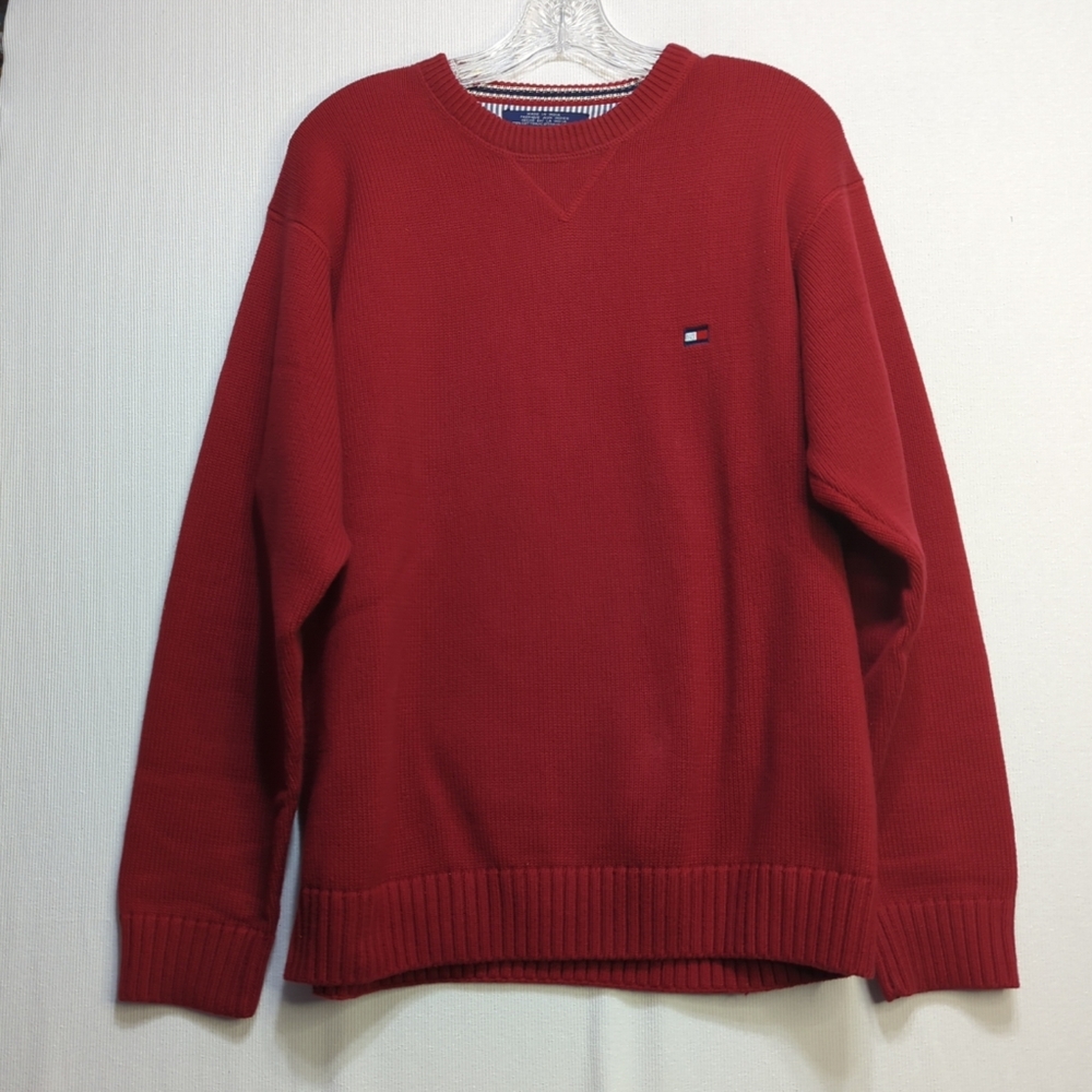 Tommy Hilfiger Sweater Men Large Red Pull Over Heavy Knitted Crewneck Adult